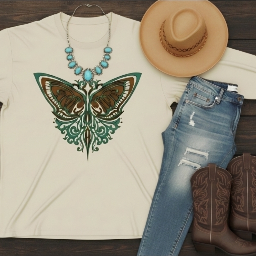 Western Butterfly Long Sleeve Tee • Boho Cowgirl Graphic Top • Southwestern